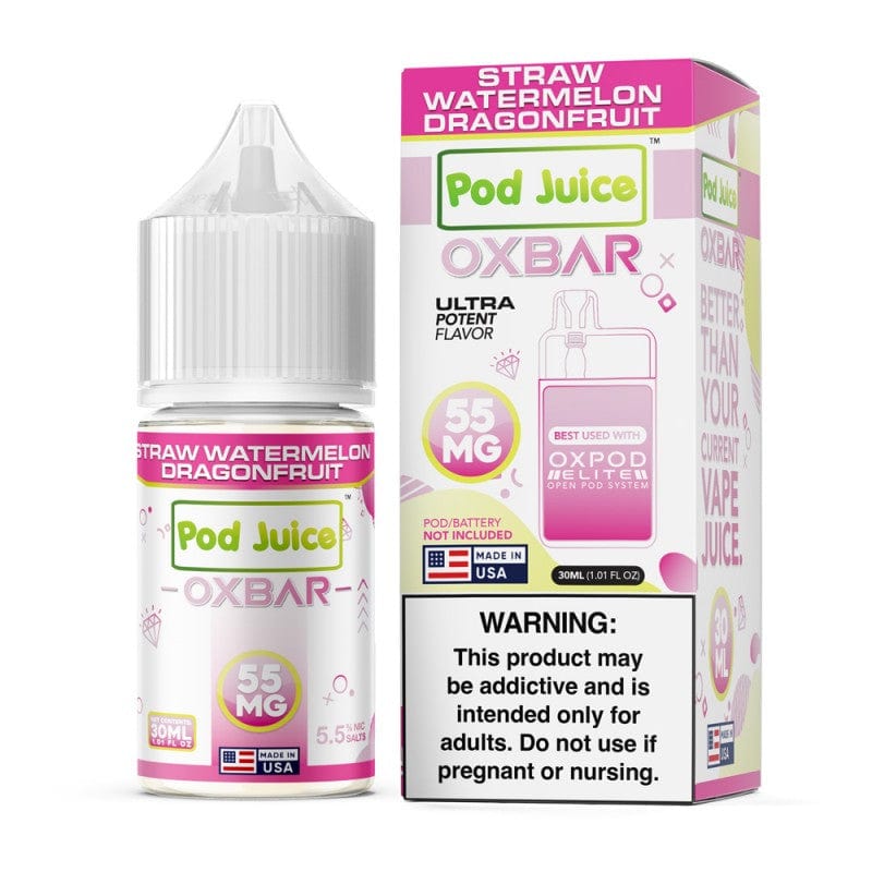 Bottle of Pod Juice Straw Watermelon Dragonfruit SALT e-liquid by Oxbar, 30mL vape juice with fresh fruit flavor.