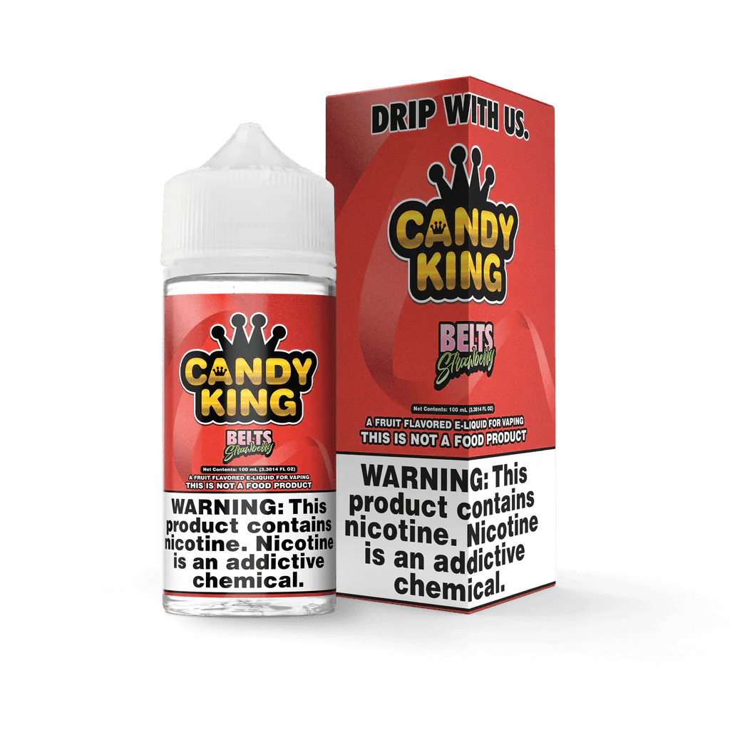 Bottle of Candy King Strawberry Belts e-liquid, 100mL, with colorful label featuring strawberry candies and vibrant branding.