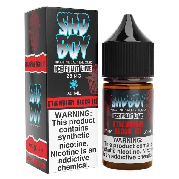 Bottle of Sadboy Strawberry Blood ICE Salt e-liquid, 30mL, with vibrant strawberry and icy mint flavor branding.