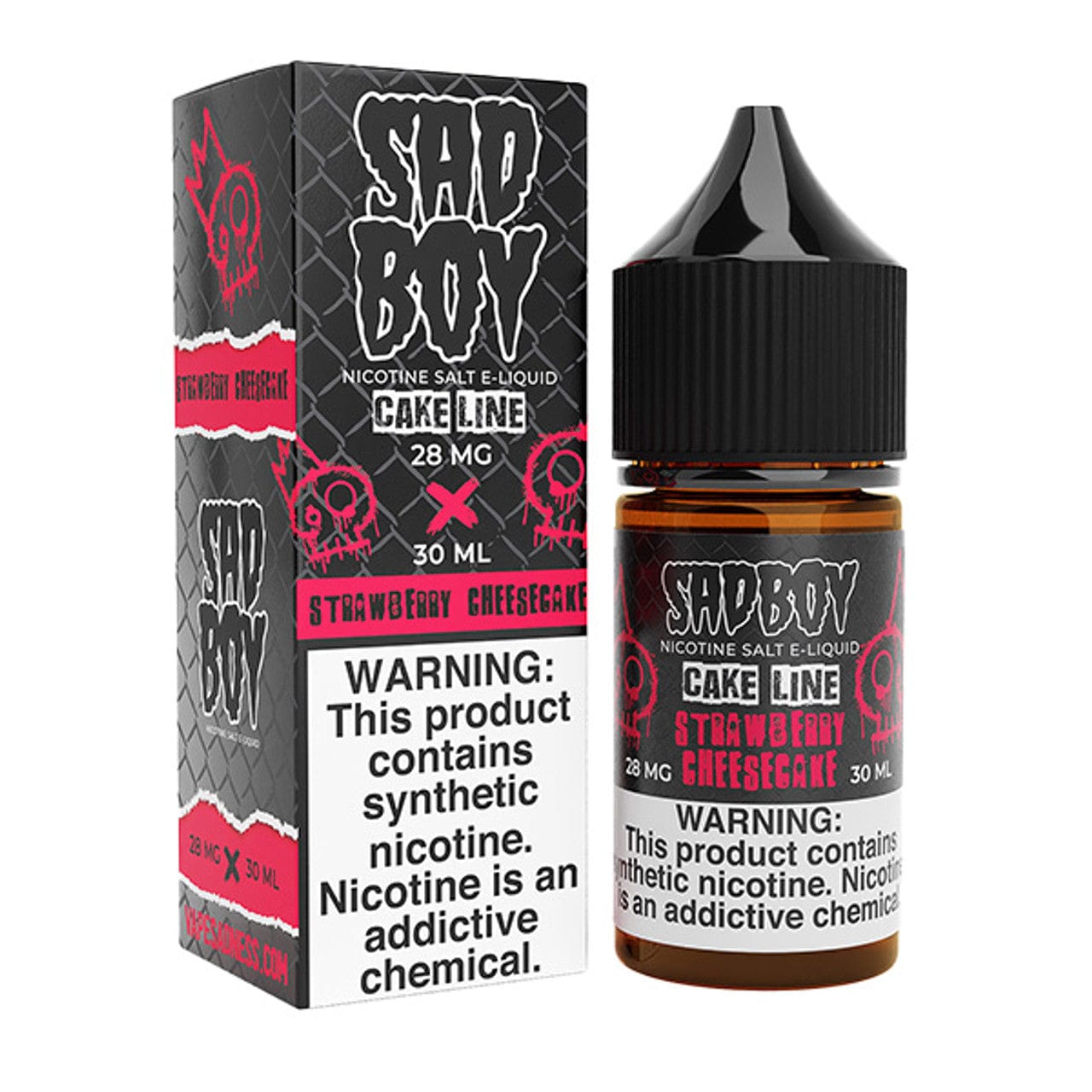 Bottle of Sadboy Strawberry Cheesecake SALT e-liquid 30mL, featuring a vibrant strawberry and cheesecake flavor profile.
