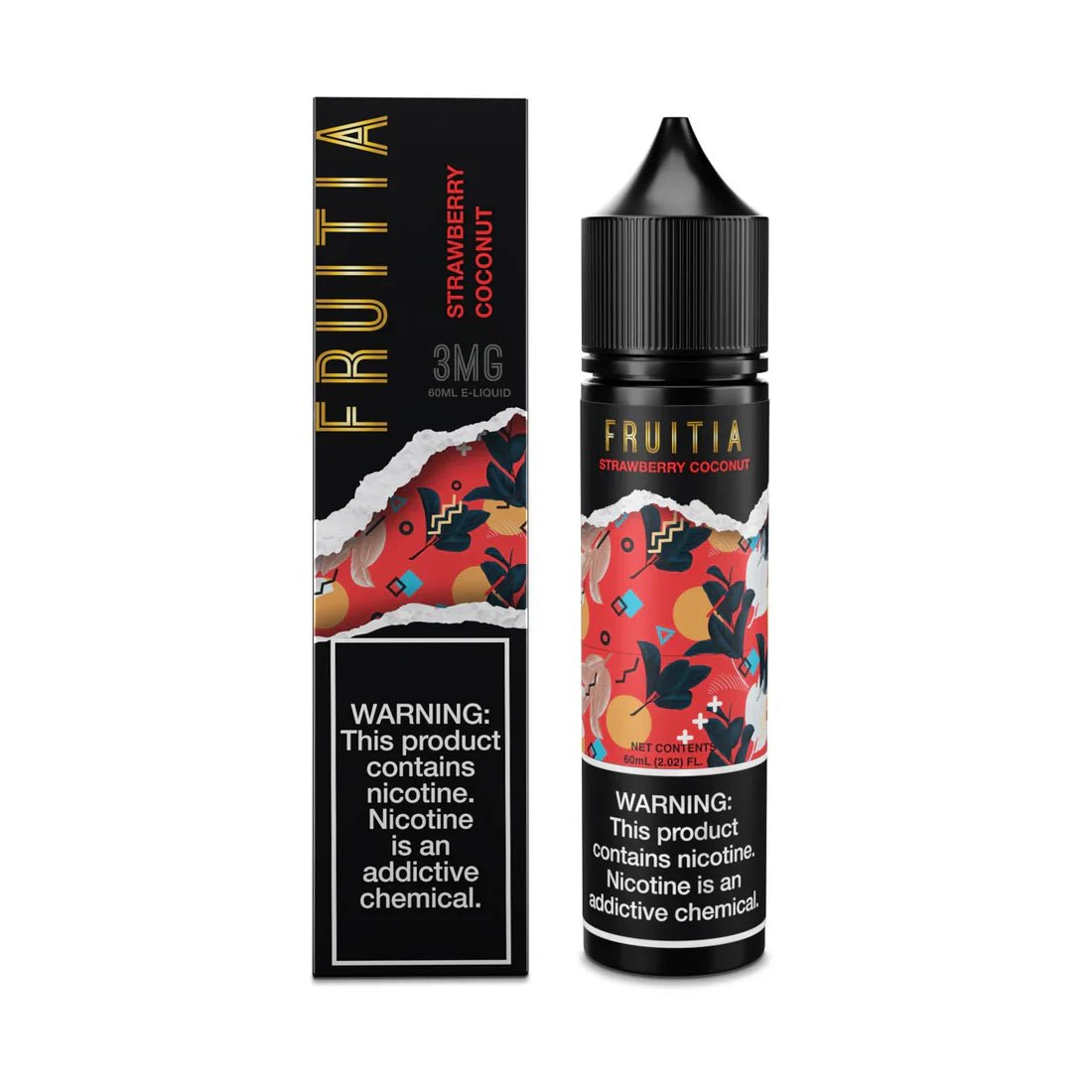 Strawberry coconut flavored Fruitia e-liquid bottle, 60mL, with vibrant strawberry and coconut imagery on the label.