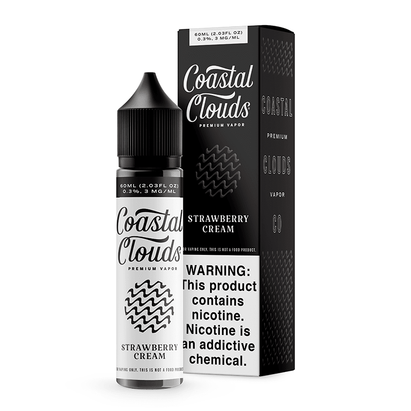 Bottle of Coastal Clouds Strawberry Cream e-liquid in 60mL size with a label featuring strawberries and cream graphics.