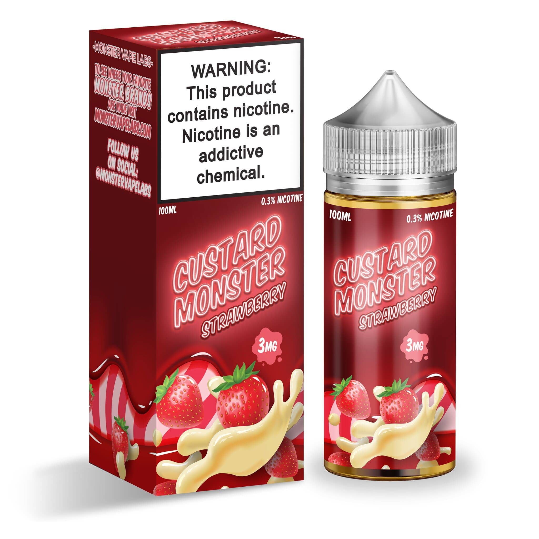 Bottle of Custard Monster strawberry e-liquid in 100mL size, featuring vibrant strawberry and creamy custard flavor design.