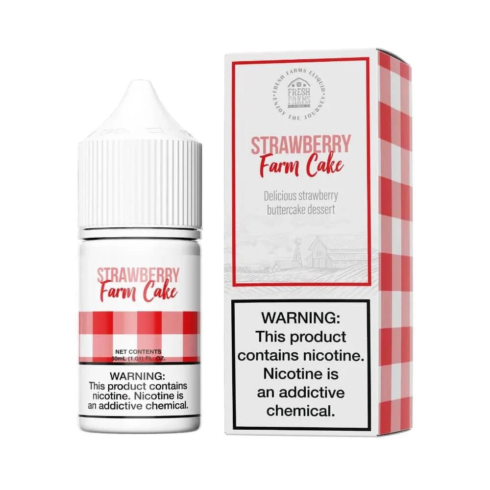 Bottle of Fresh Farms Eliquid Strawberry Farm Cake Salt e-liquid in 30mL bottle with a strawberry-themed label.