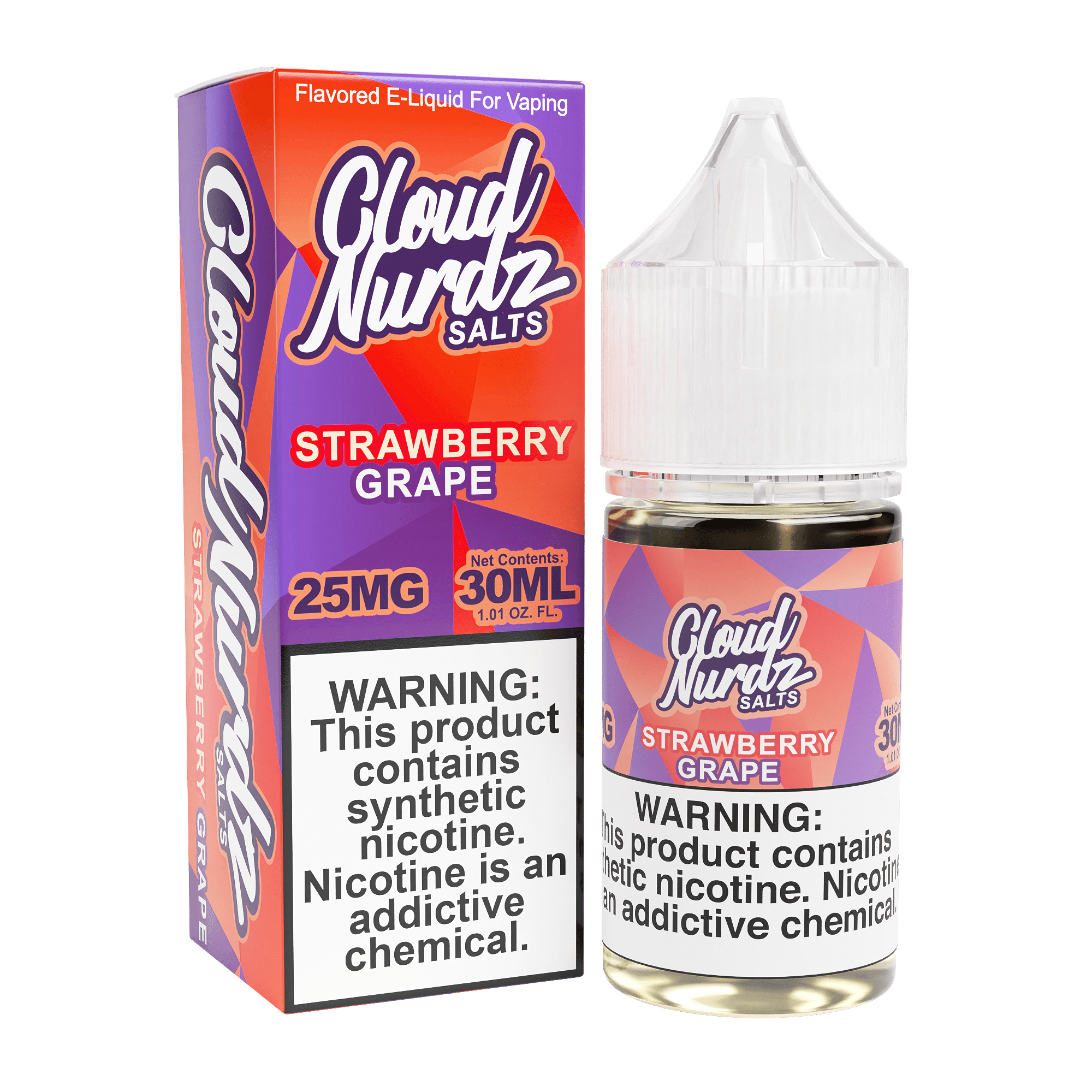 Bottle of Cloud Nurdz Strawberry Grape Salt e-liquid in 30mL bottle with label showing strawberries and grapes.