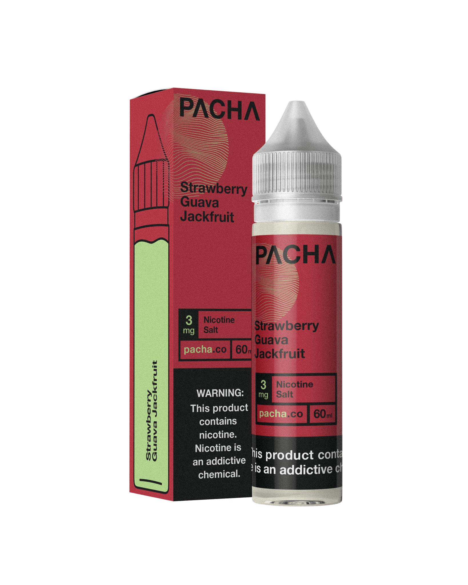 Strawberry, guava, and jackfruit Pachamama e-liquid bottle, 60mL, with colorful label and vibrant fruit illustrations.
