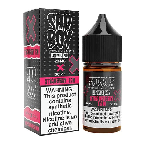 Sadboy Strawberry Jam Cookie Salt E-liquid bottle, 30mL flavor with sweet strawberry and cookie notes, ideal for vaping.