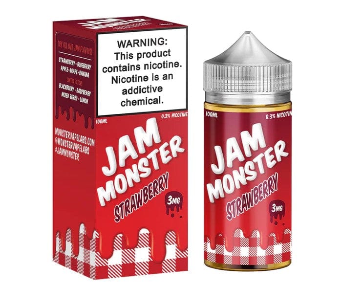 Strawberry Jam Monster E-Liquid bottle, 100mL size, featuring a vibrant label with fresh strawberries and jam swirl design.