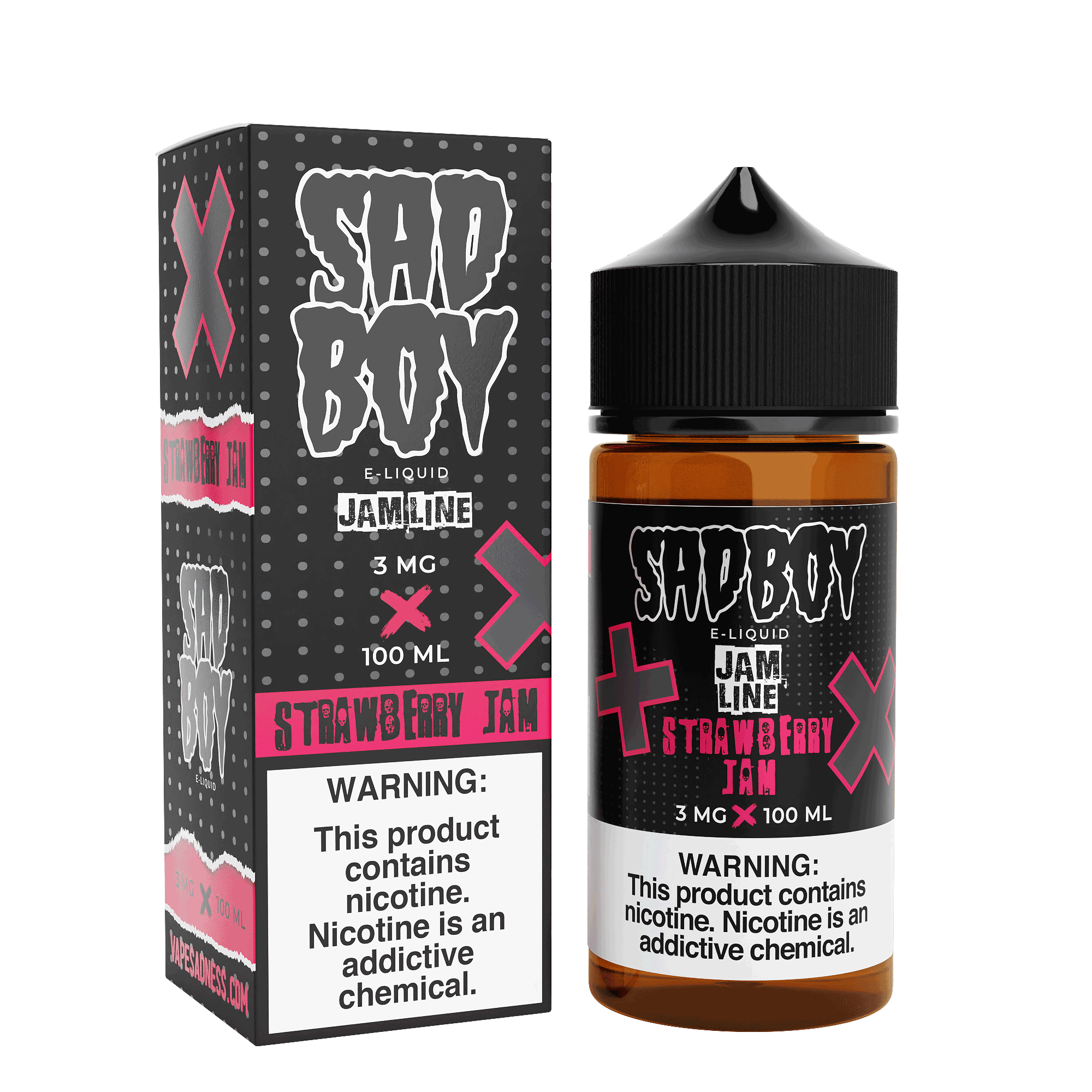 Bottle of Sadboy Strawberry Jam E-liquid in 100mL bottle, featuring vibrant strawberry jam flavor and colorful branding.