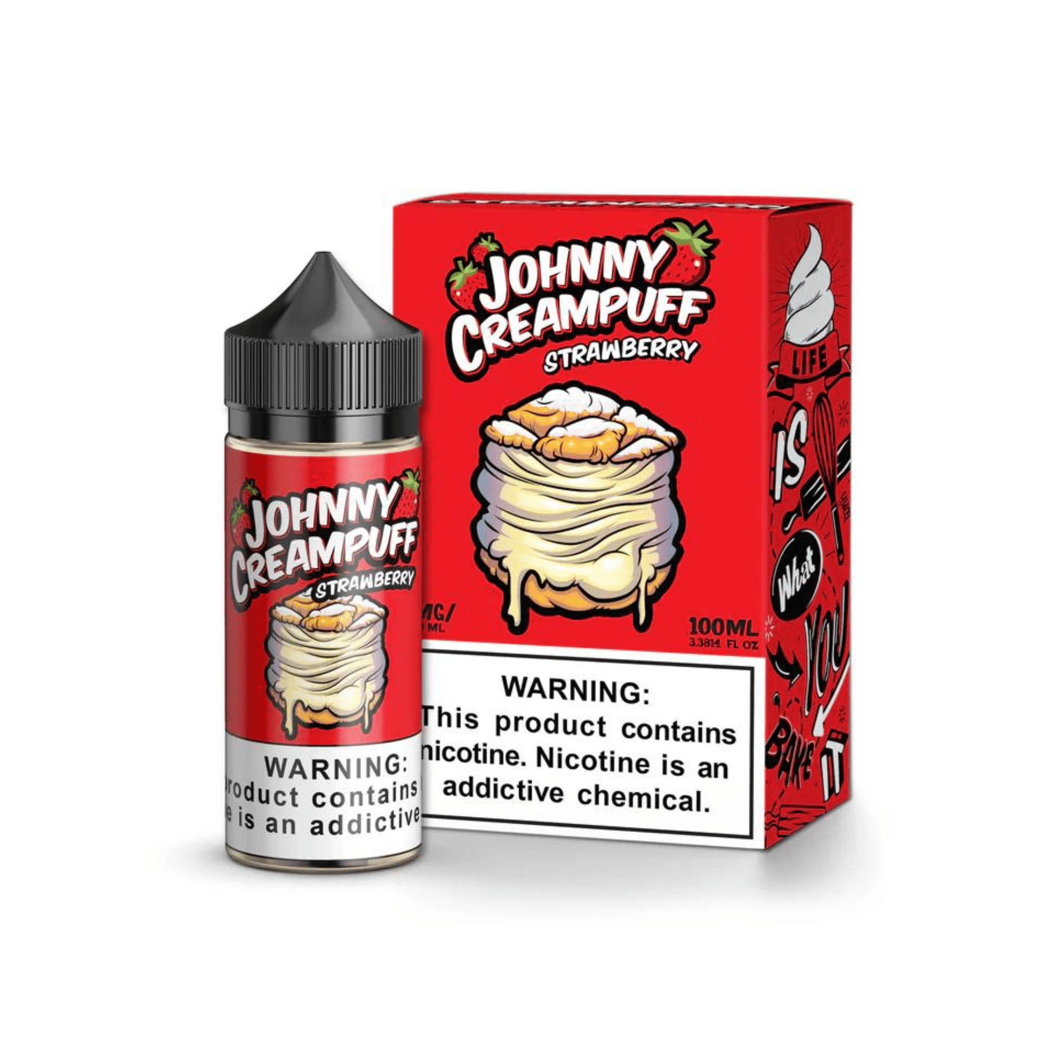 Johnny Creampuff Strawberry e-liquid 100mL bottle with vibrant strawberry flavor and clear branding visible.