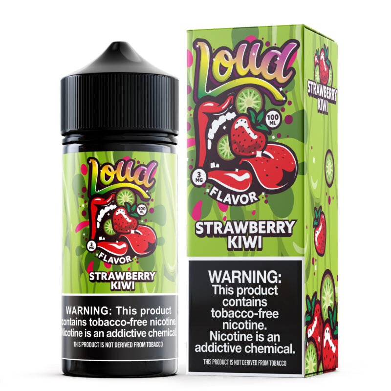 Loud Strawberry Kiwi e-liquid bottle, 100mL, with colorful label showcasing fresh strawberries and kiwi fruits.
