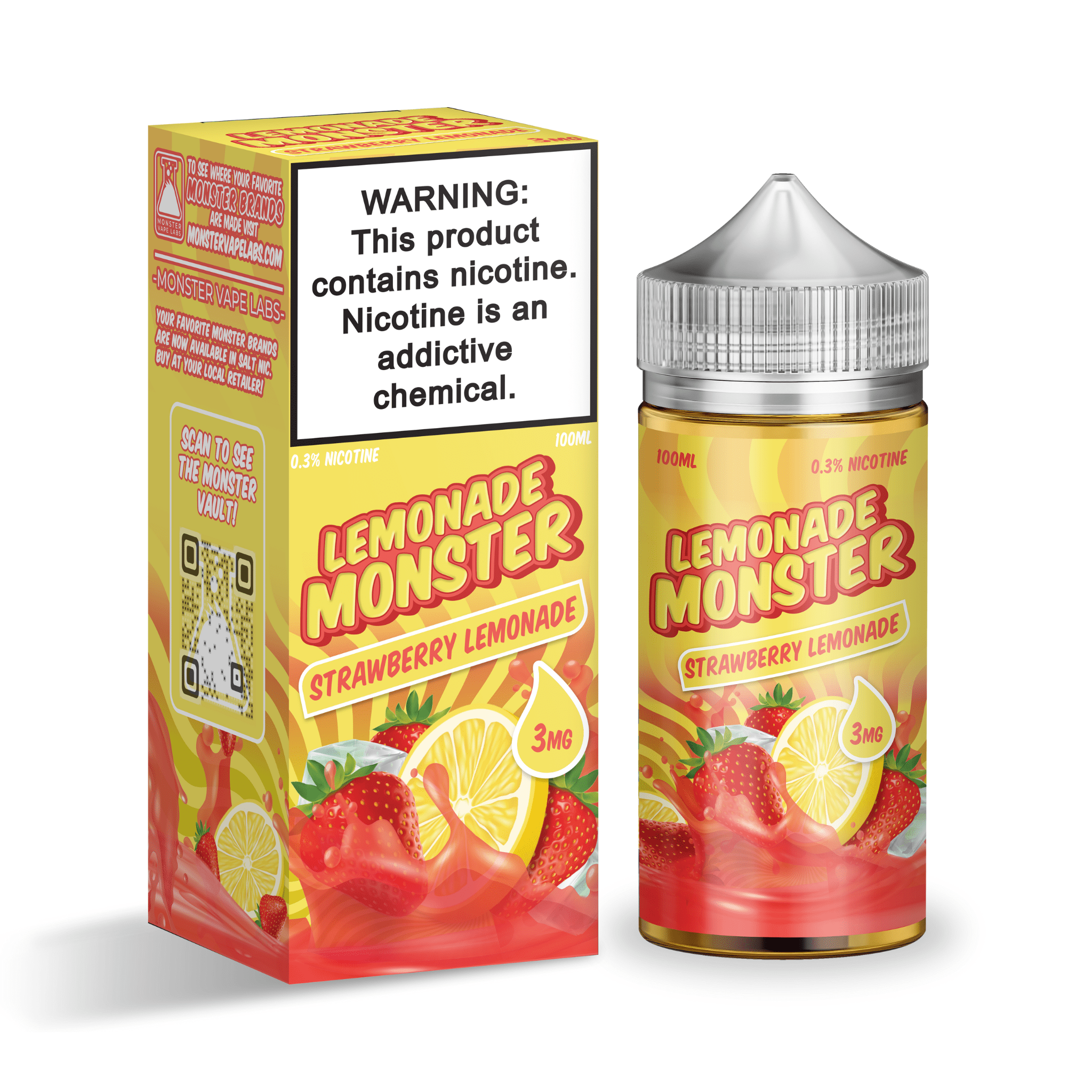 Bottle of Lemonade Monster strawberry lemonade e-liquid, 100mL, featuring a colorful label with strawberries and lemons.
