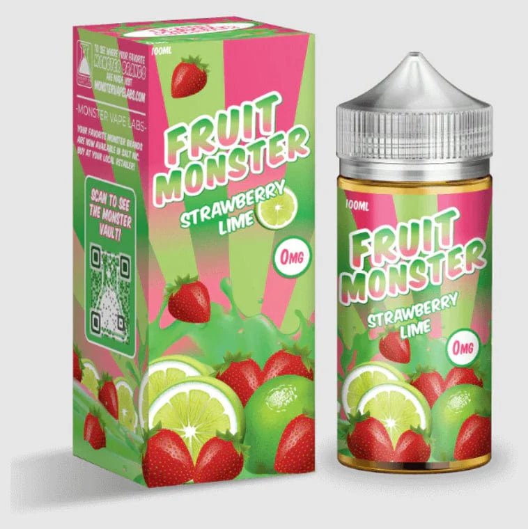 Fruit Monster Strawberry Lime e-liquid in 100mL bottle, featuring fresh strawberry and zesty lime flavors.