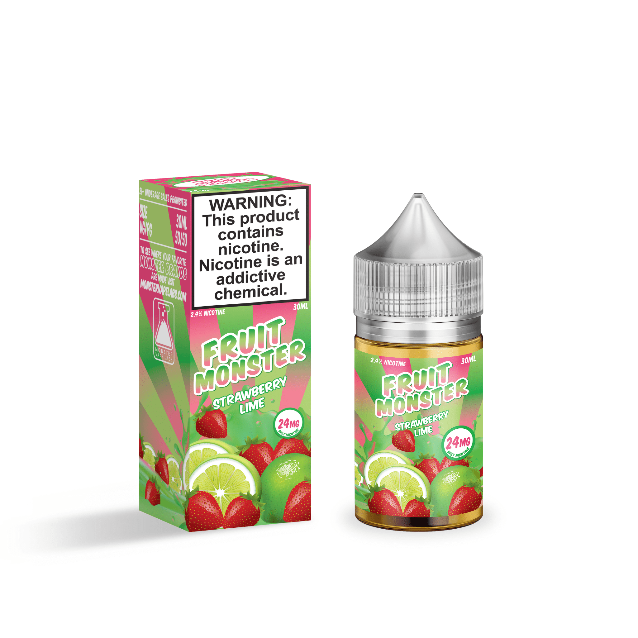 Strawberry Lime SALT e-liquid by Fruit Monster in a 30mL bottle, featuring fresh strawberry and lime flavor profile.