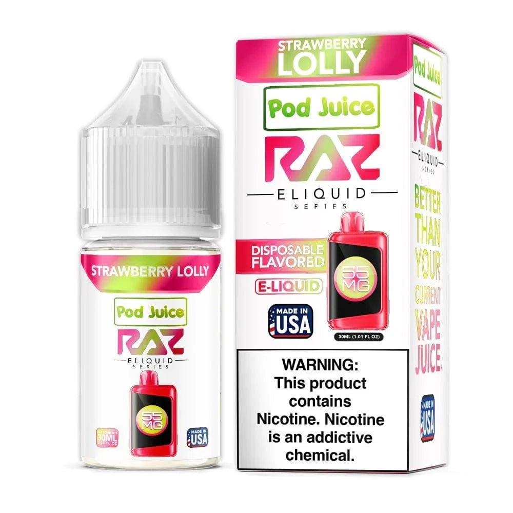 Strawberry Lolly SALT Pod Juice x Raz E-Liquid 30mL bottle with vibrant strawberry and candy flavors in clear packaging.