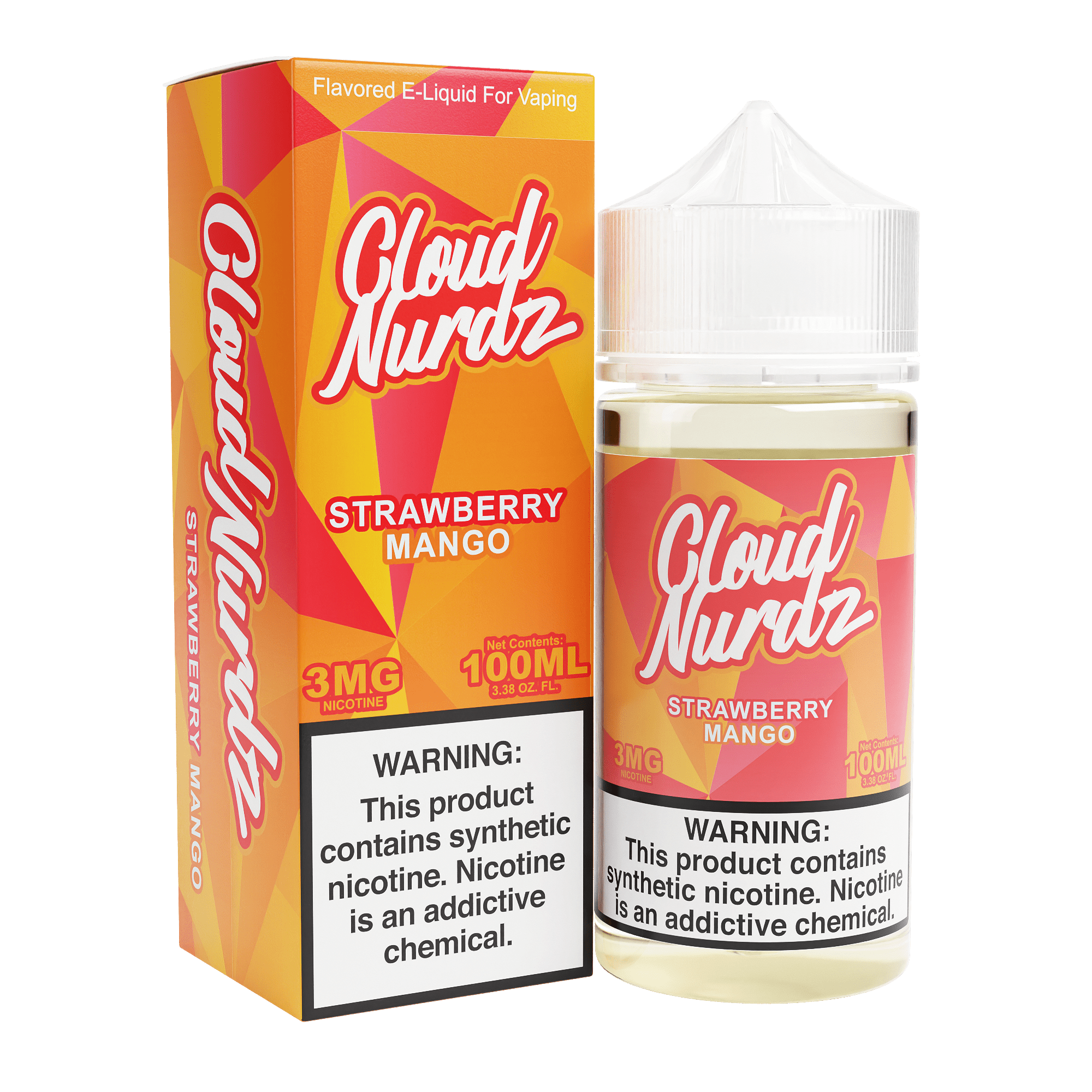 Strawberry Mango Cloud Nurdz e-liquid bottle, 100mL flavor with vibrant label showing ripe strawberries and mango fruits.