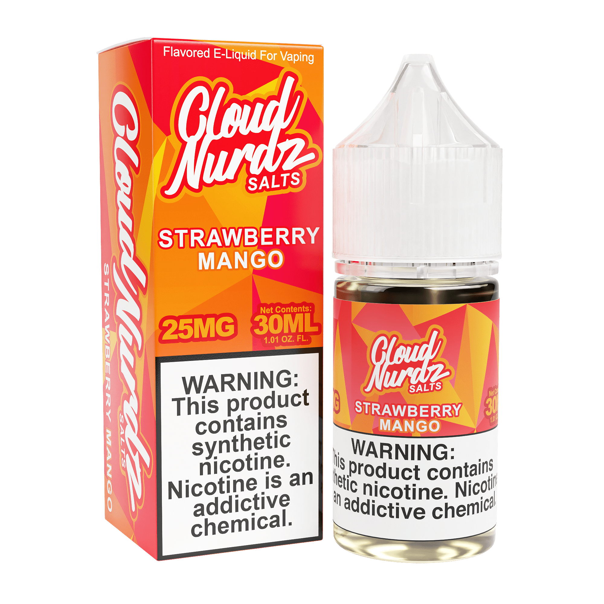 Strawberry Mango SALT e-liquid by Cloud Nurdz in a 30mL bottle, showcasing fresh strawberries and ripe mango flavor.
