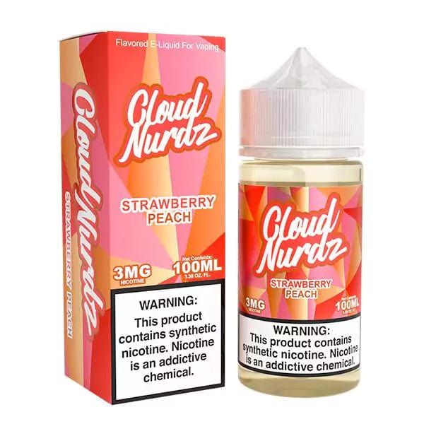 Strawberry Peach Cloud Nurdz e-liquid 100mL bottle with vibrant label featuring fresh strawberries and peaches.