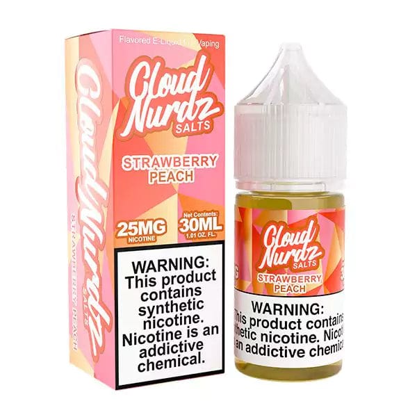 Bottle of Cloud Nurdz Strawberry Peach SALT e-liquid in 30mL vape juice bottle with colorful label.