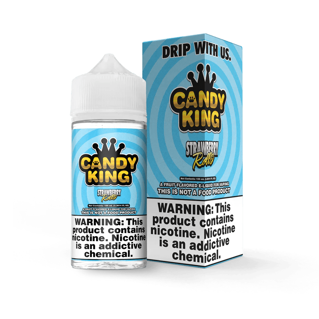 Strawberry Rolls E-liquid by Candy King in 100mL bottle, featuring vibrant strawberry and sweet candy flavor profile.