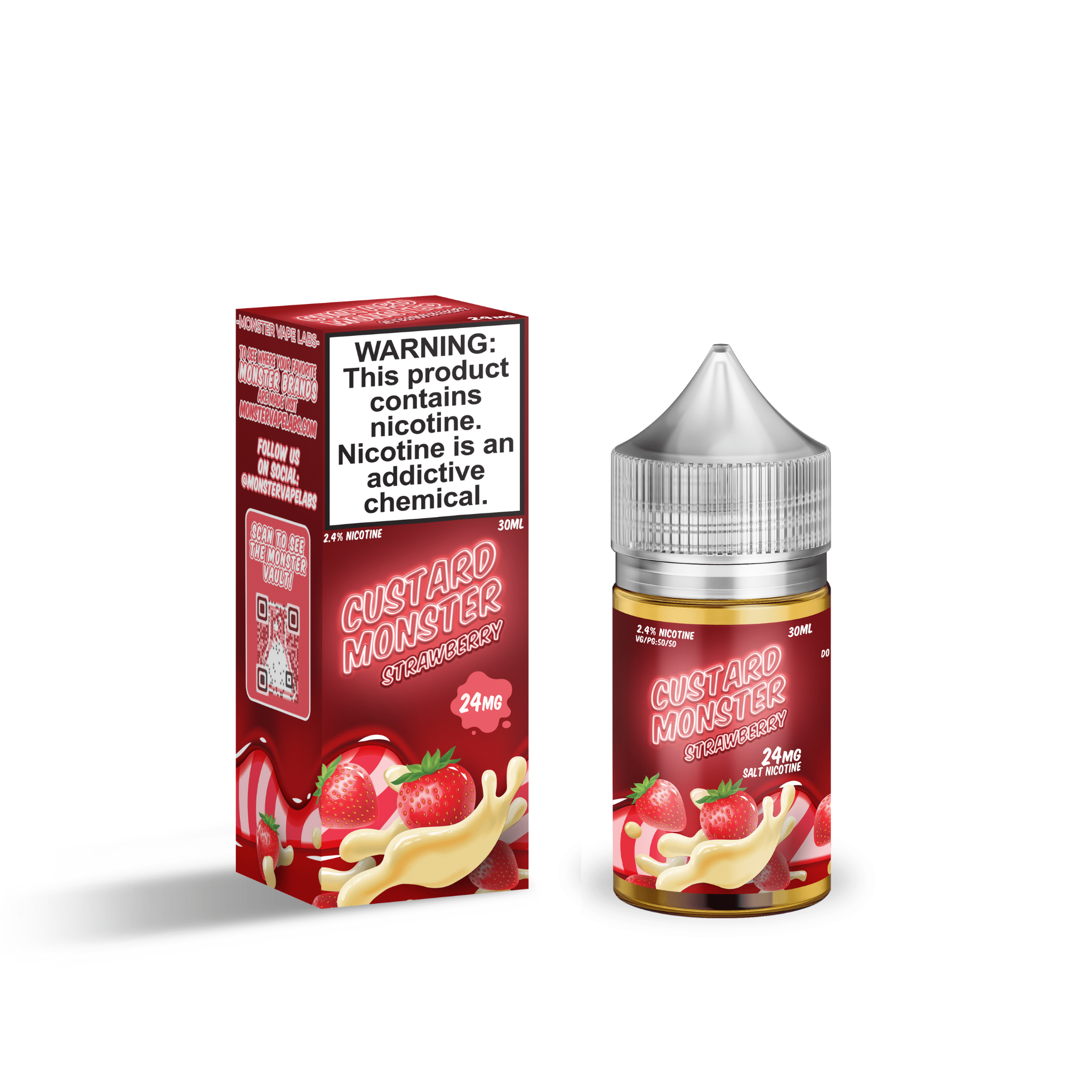 Bottle of Strawberry SALT e-liquid by Custard Monster in a 30mL bottle, featuring a strawberry flavor for vaping.
