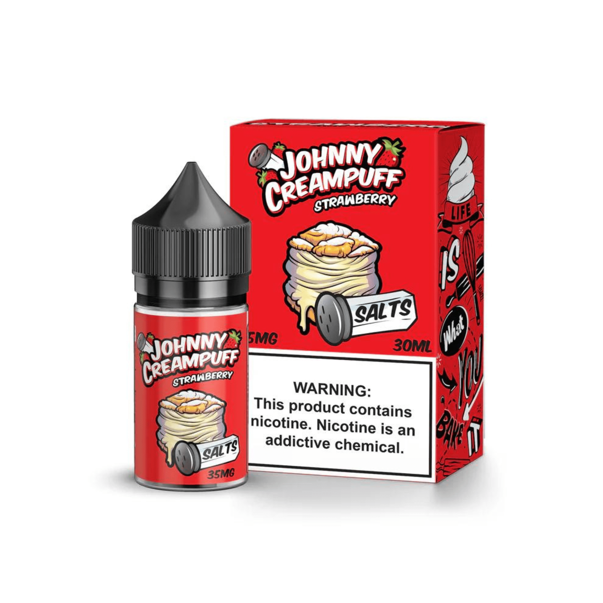 Johnny Creampuff Strawberry SALT e-liquid bottle, 30mL vape juice with strawberry flavor and salt nicotine, in a clear plastic bottle.