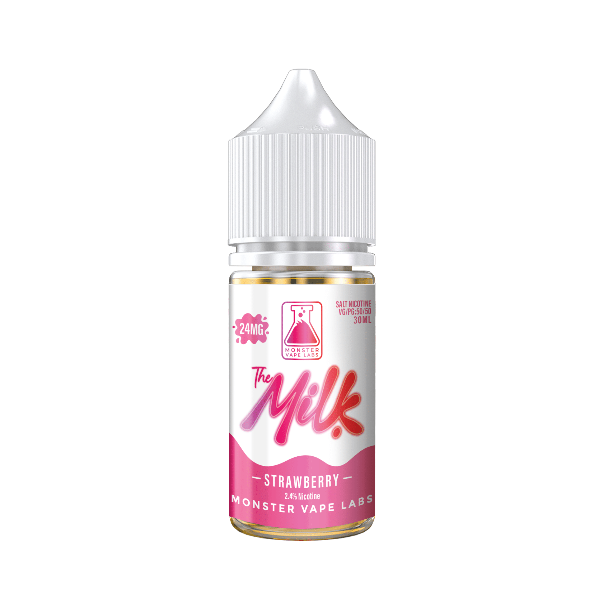 Bottle of Strawberry SALT e-liquid from The Milk E-Liquid, 30mL, with a label featuring fresh strawberries and vibrant branding.