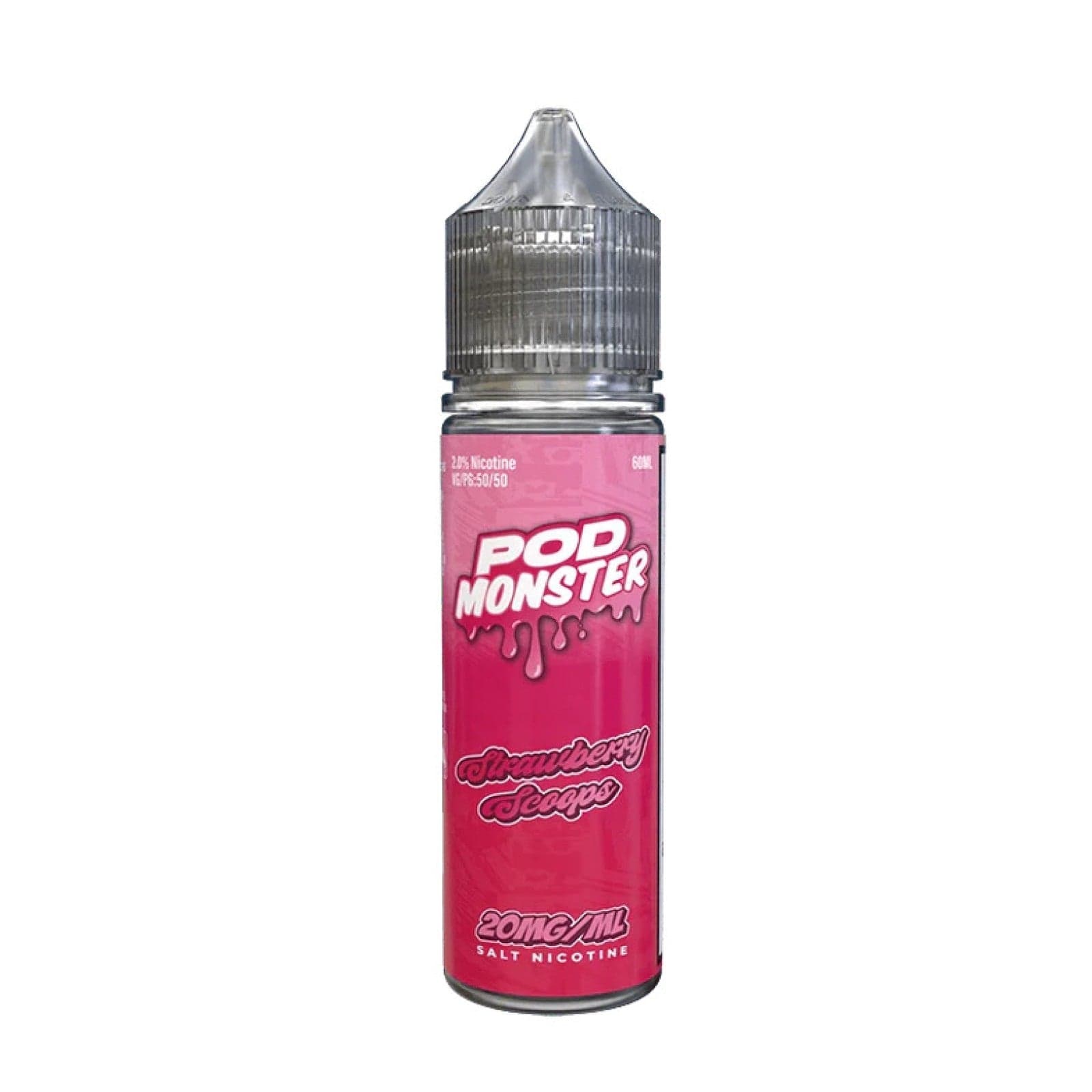 Strawberry Scoops SALT e-liquid by Pod Monster in 60mL bottle, featuring a vibrant strawberry flavor for vaping.