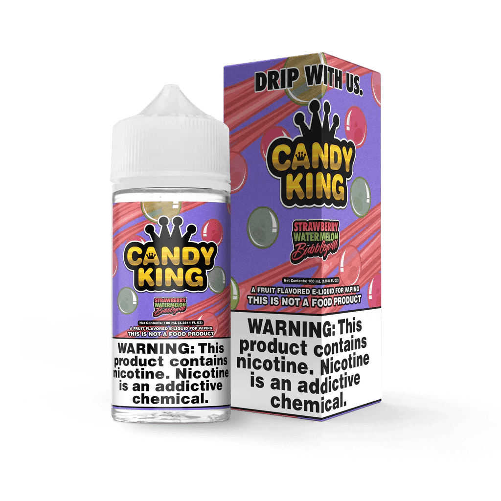 Strawberry watermelon bubblegum e-liquid by Candy King in a 100mL bottle, showcasing vibrant pink and green flavors.