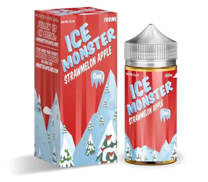 Ice Monster Strawmelon Apple e-liquid 100mL bottle showing colorful label with fruit illustrations and branding.