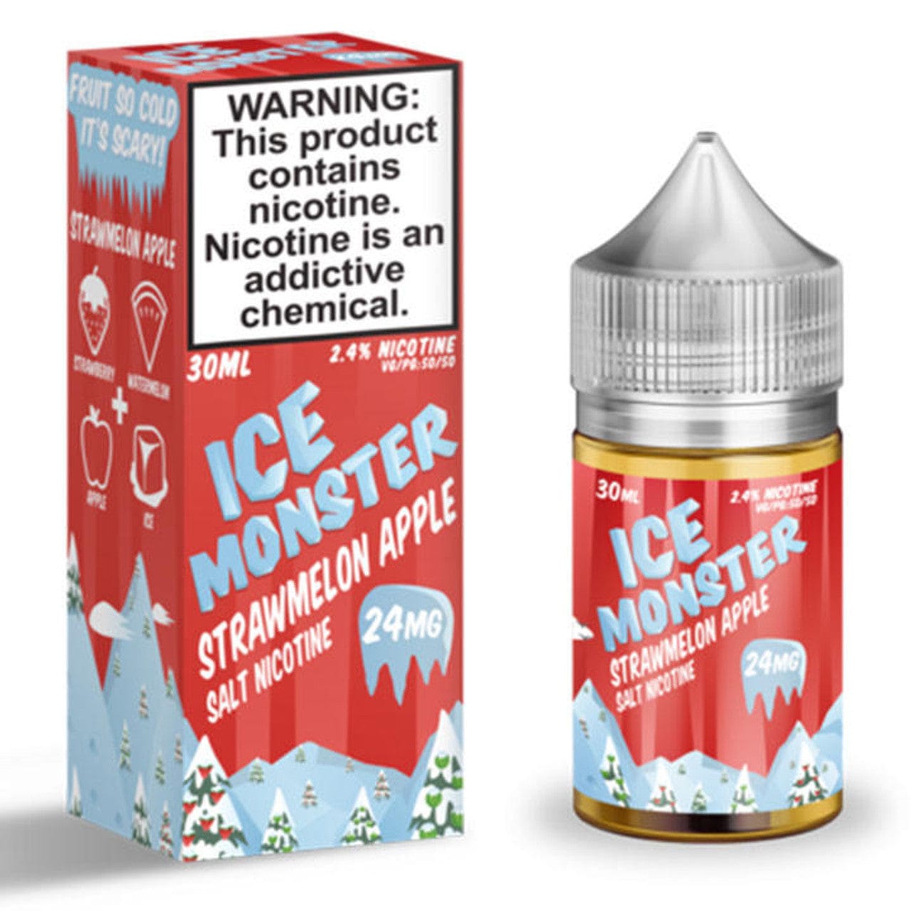 Strawmelon Apple Salt e-liquid by ICE Monster in 30mL bottle showing the colorful label with fruit graphics and branding.