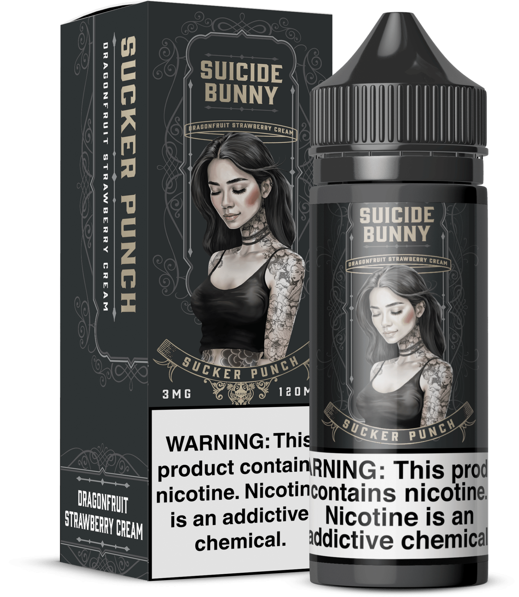 Bottle of Sucker Punch Suicide Bunny e-liquid, 120mL, with colorful label and branding visible on the e-liquid bottle.