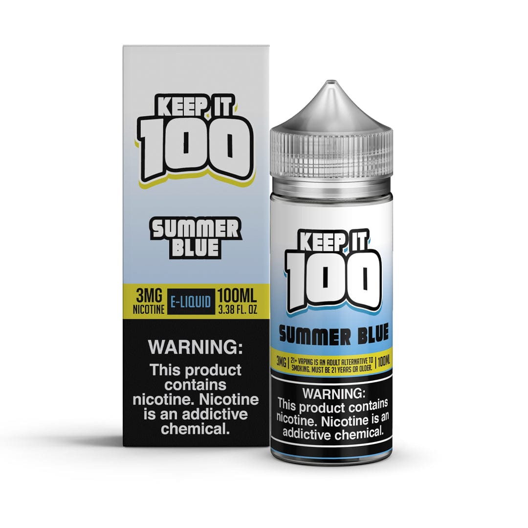 Blue-colored Summer Blue Keep It 100 e-liquid bottle, 100mL size, with vibrant label and branding for vaping liquid.
