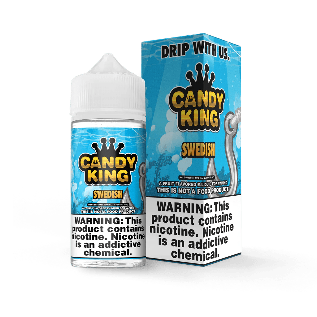 Swedish Candy King 100mL e-liquid bottle with colorful label, designed for vaping, featuring fruity candy flavor.