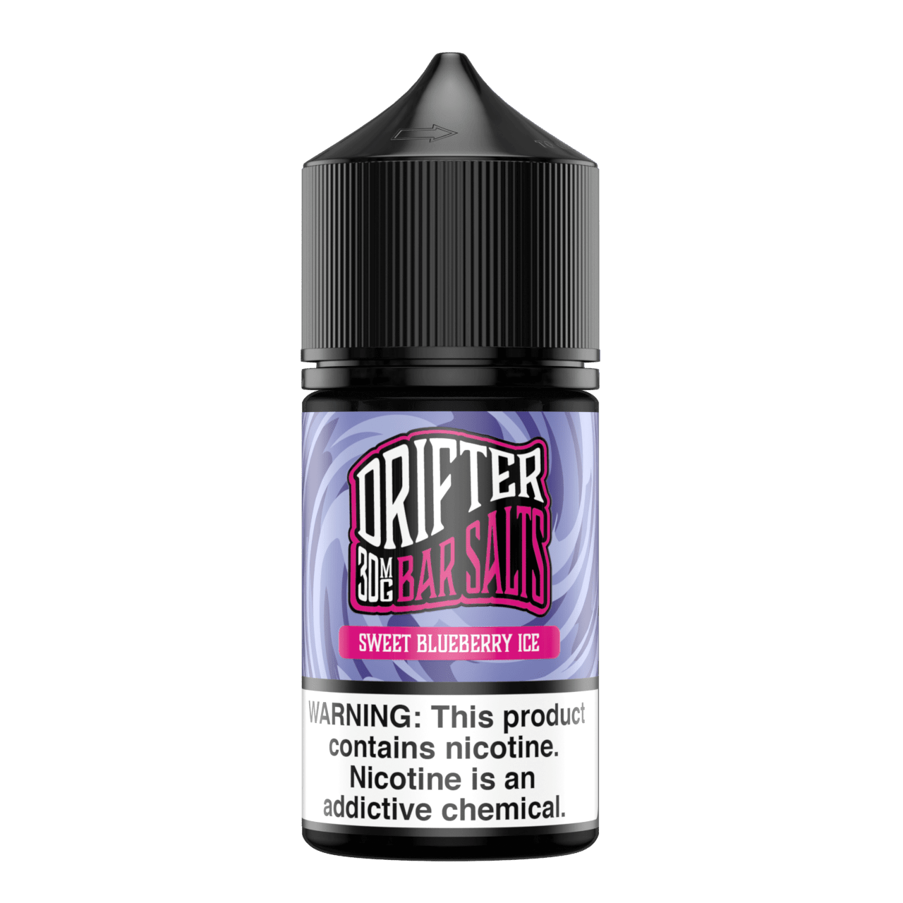 Bottle of Drifter E-Liquid Sweet Blueberry ICE SALT e-liquid in 30mL bottle with blue and white label featuring blueberries and ice imagery.
