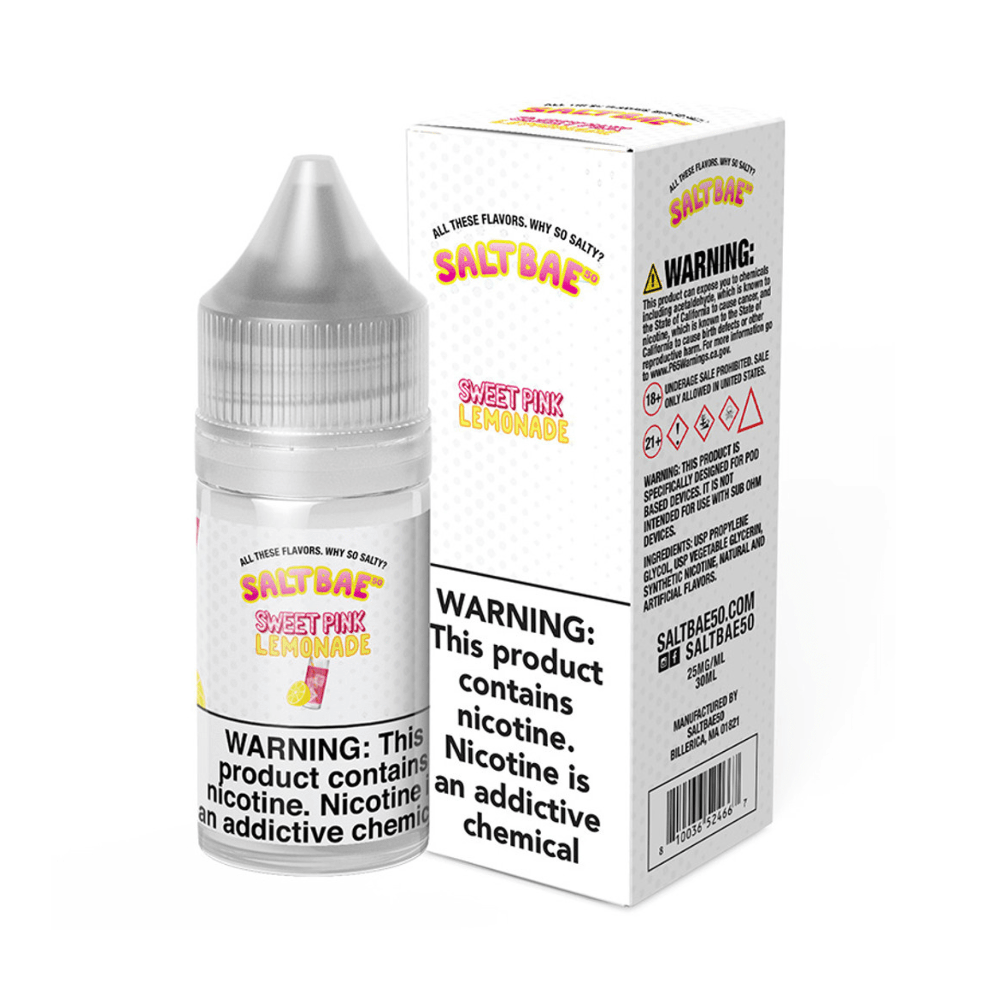 Sweet Pink Lemonade SALT e-liquid by Salt Bae 50 in a 30mL bottle, featuring a vibrant pink lemonade flavor.