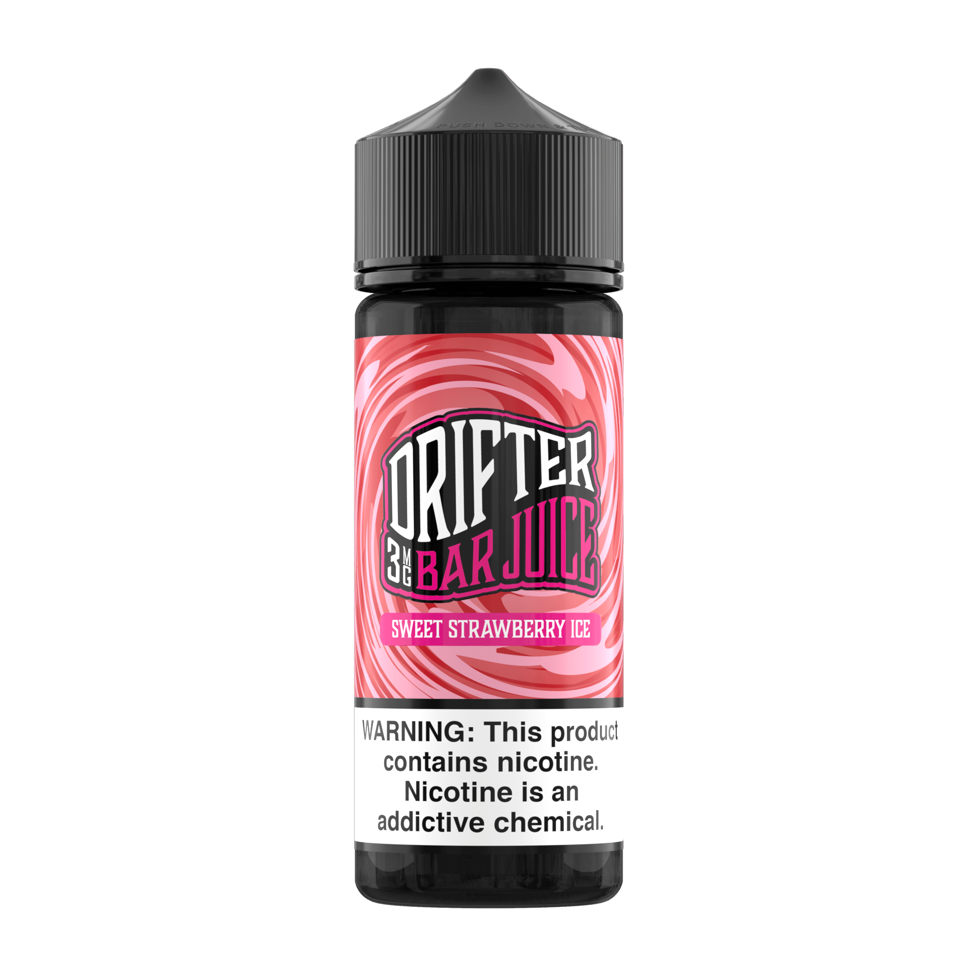 Bottle of Drifter E-Liquid Sweet Strawberry ICE flavor, 120mL e-liquid with strawberry and icy menthol in a clear plastic bottle.