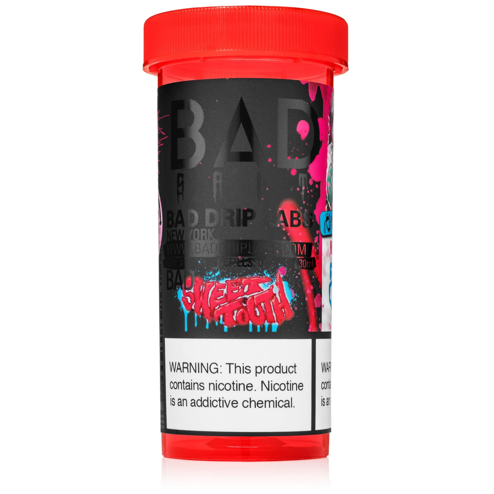Sweet Tooth SALT e-liquid by Bad Drip Labs in 30mL bottle, showcasing vibrant packaging and design.