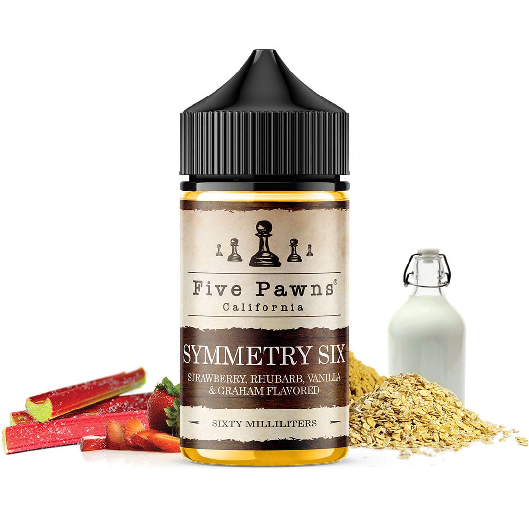Symmetry Six Five Pawns e-liquid bottle with 60mL size and label featuring the Five Pawns brand logo and colorful design.