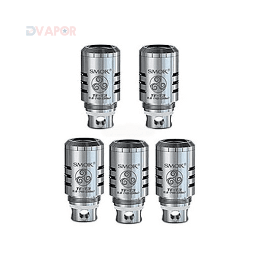 SMOK TF-T3 replacement coil heads for TFV4 vape tank, showing multiple coil options with wicking material and metal casing.