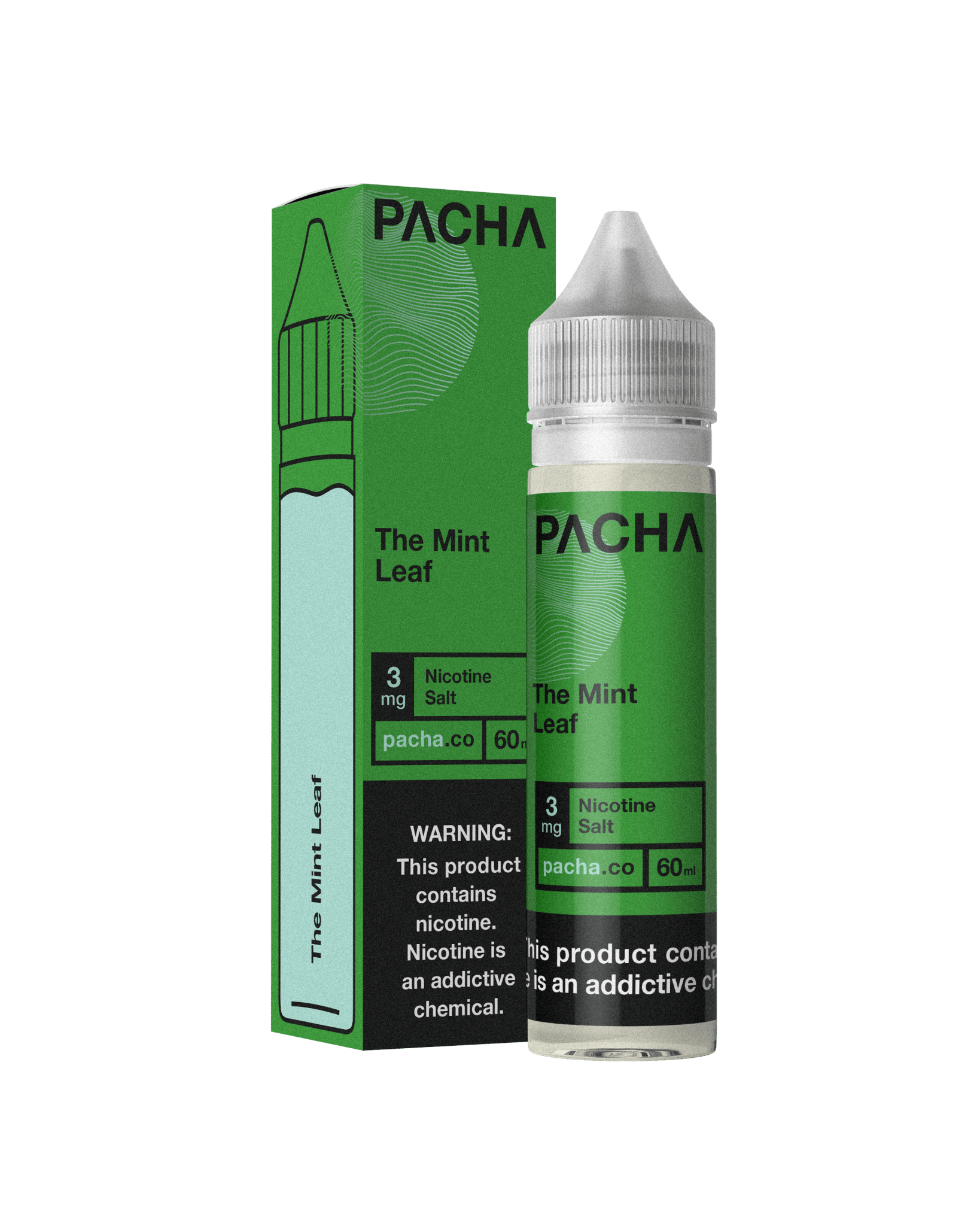 Pachamama The Mint Leaf e-liquid bottle, 60mL, with fresh mint leaves and branding label visible.