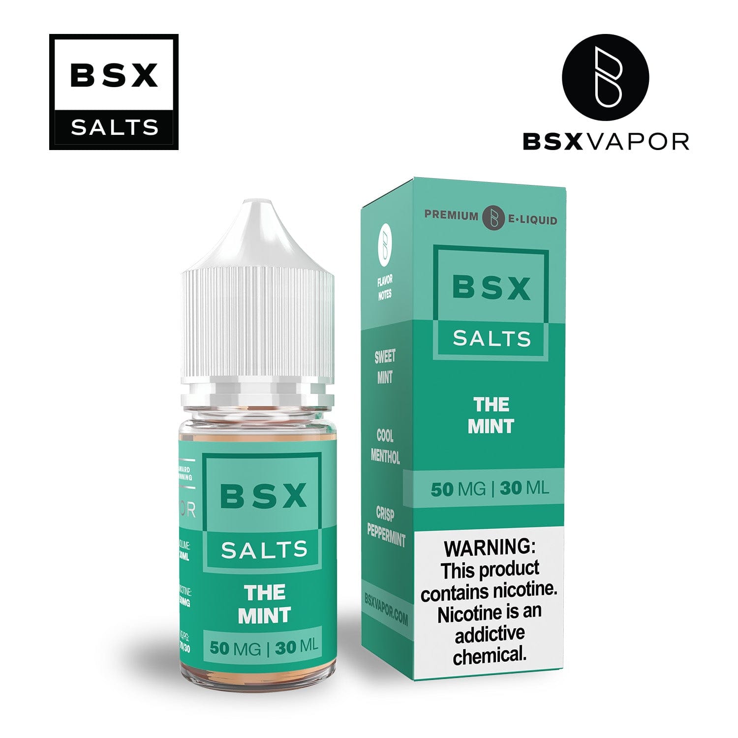 Bottle of The Mint SALT e-liquid by BSX Vapor in a 30mL bottle, featuring a sleek label and mint flavor branding.