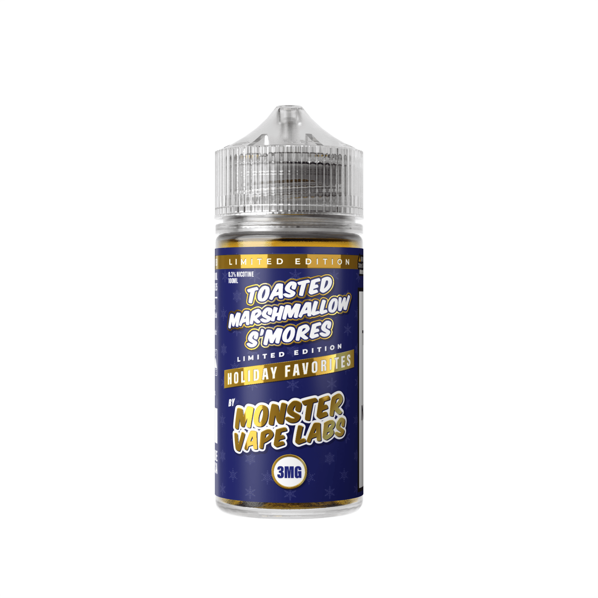 Bottle of Monster Vape Labs Toasted Marshmallow S'mores e-liquid in 100mL bottle, featuring toasted marshmallow and s'mores flavor profile.