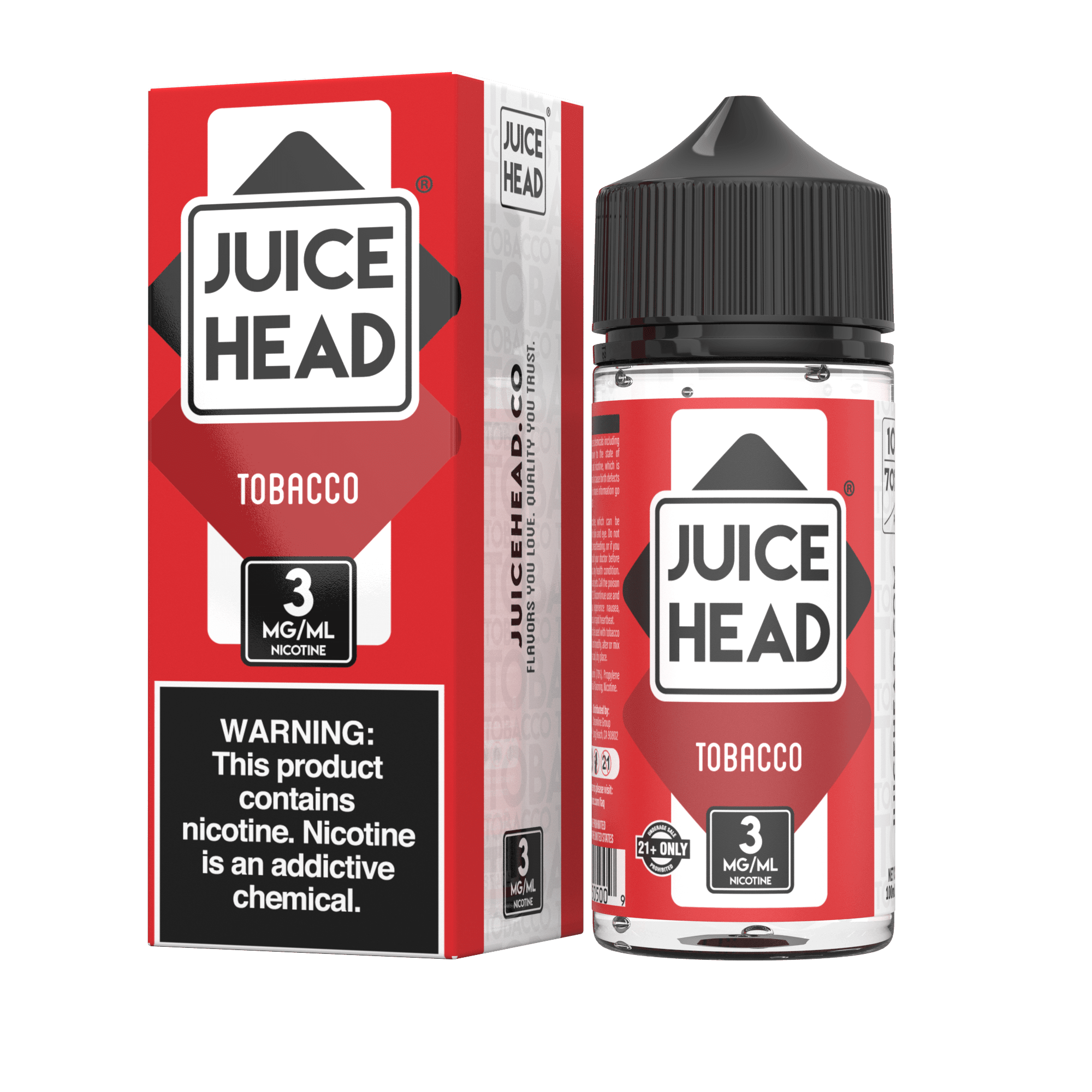 Bottle of Juice Head Tobacco e-liquid in 100mL packaging, featuring a tobacco flavor label and colorful branding.