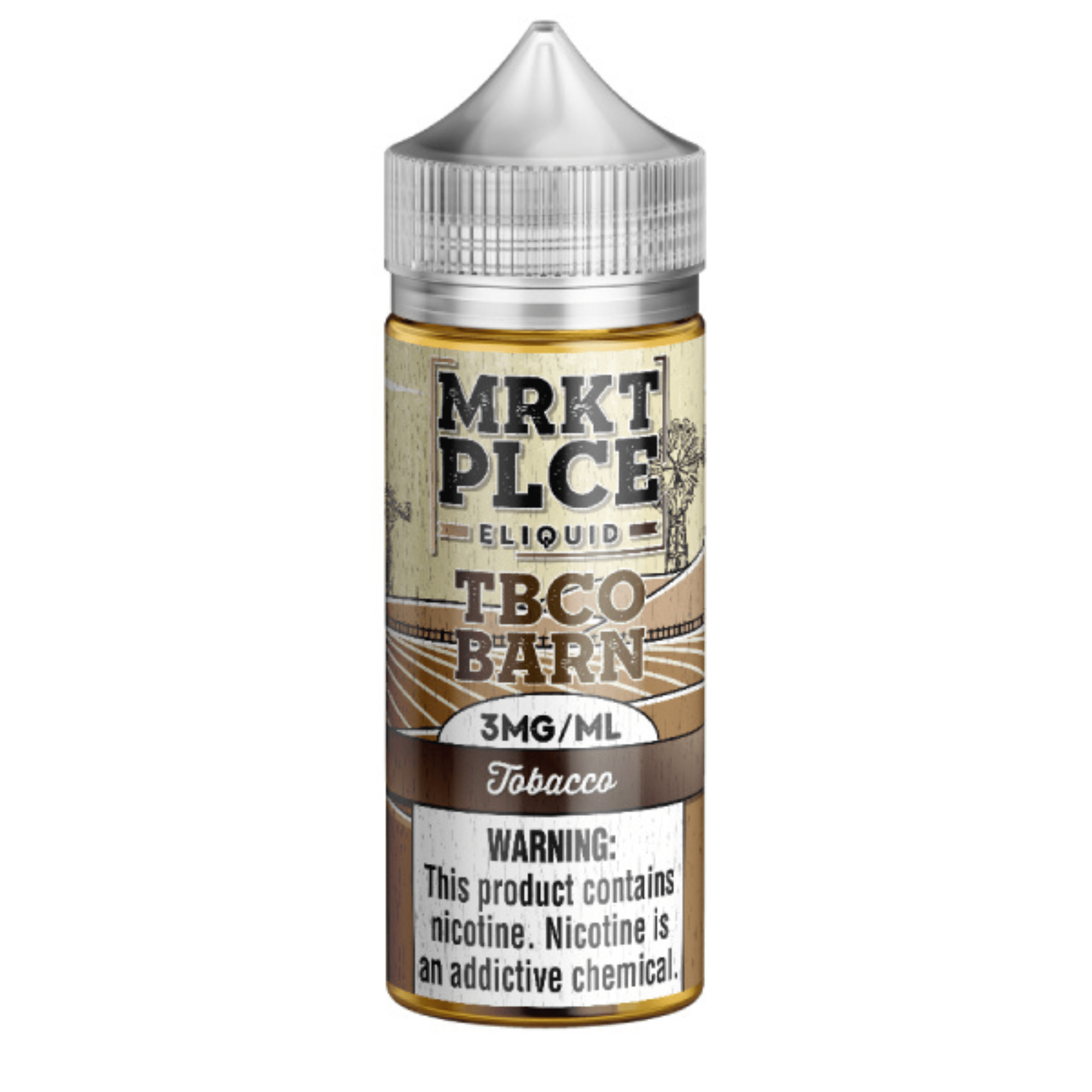 MRKT PLCE tobacco e-liquid bottle, 100mL size with tobacco flavor for vape devices.
