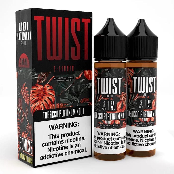 Bottle of Tobacco Platinum No. 1 Twist E-Liquids 120mL e-liquid with tobacco flavor and sleek packaging.