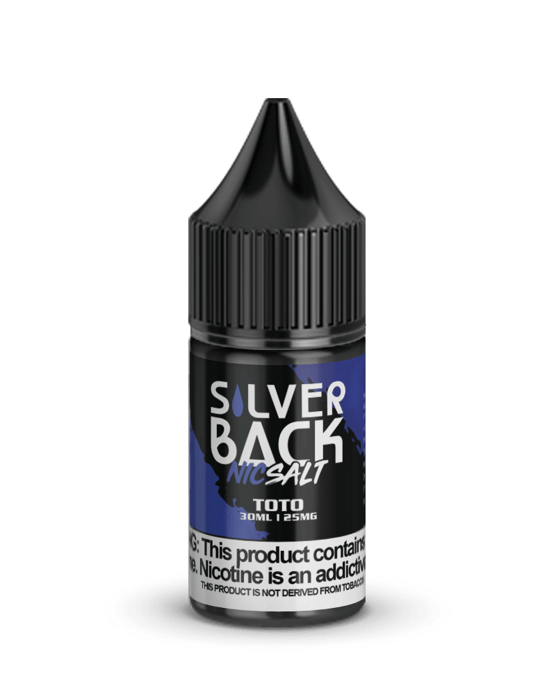 Toto SALT e-liquid by Silverback Juice Co. in 30mL bottle, featuring a sleek silver design and colorful label.