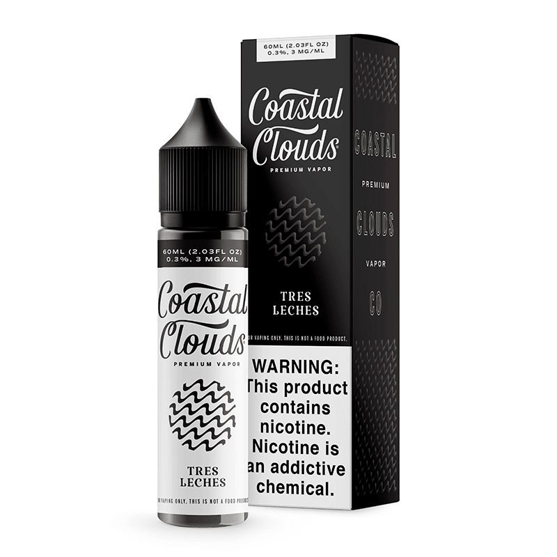 Coastal Clouds Tres Leches E-liquid bottle, 60mL, with colorful label featuring tropical and dessert imagery.