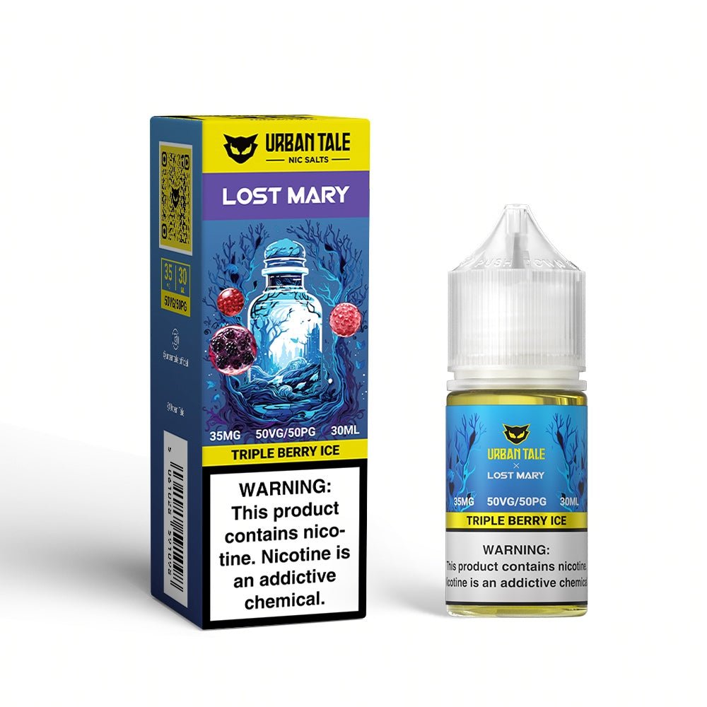 Triple Berry ICE SALT e-liquid by Urban Tale x Lost Mary in 30mL bottle, featuring a refreshing blend of berries with icy finish.