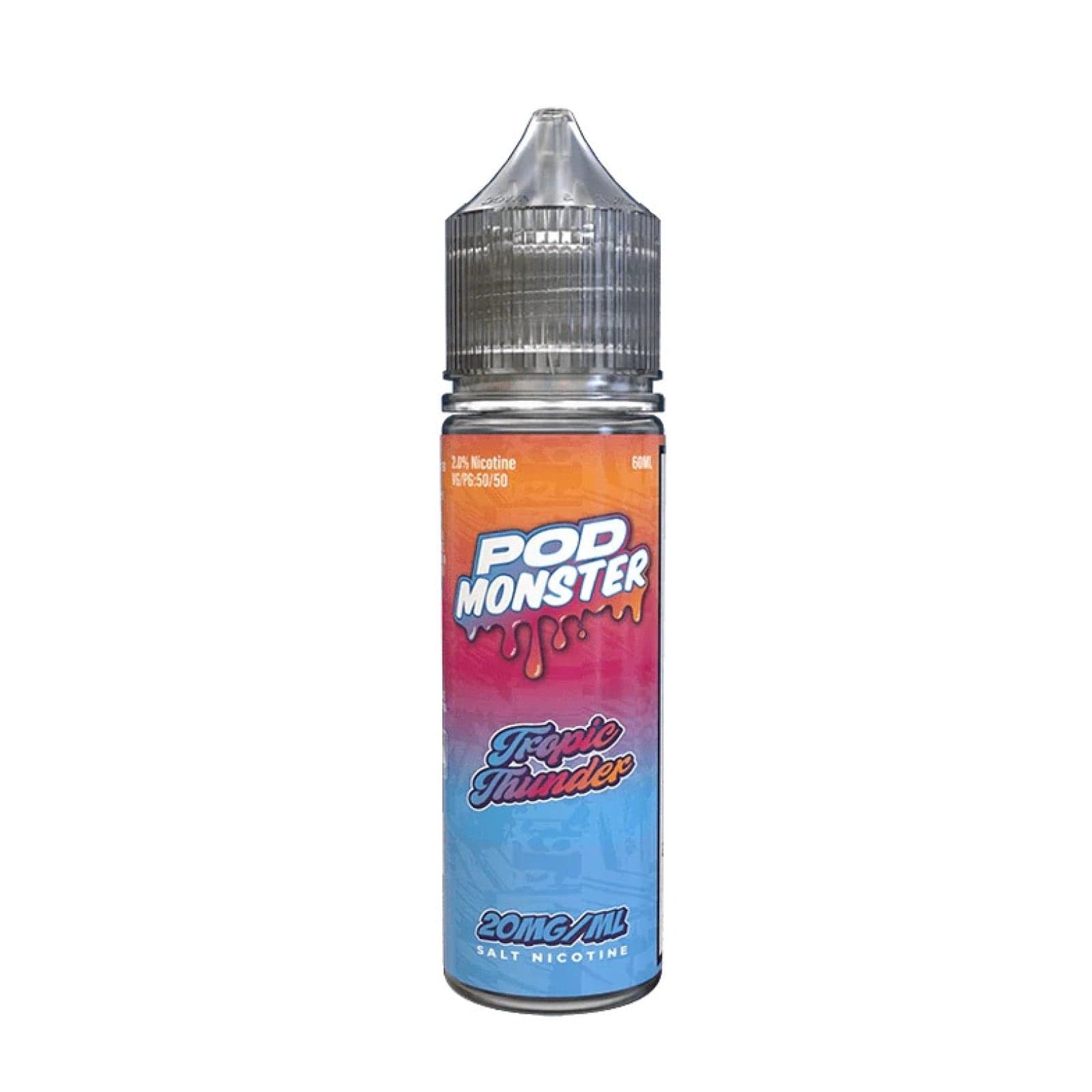 Tropic Thunder Salt e-liquid by Pod Monster in a 60mL bottle, featuring tropical fruit and citrus flavor profile.